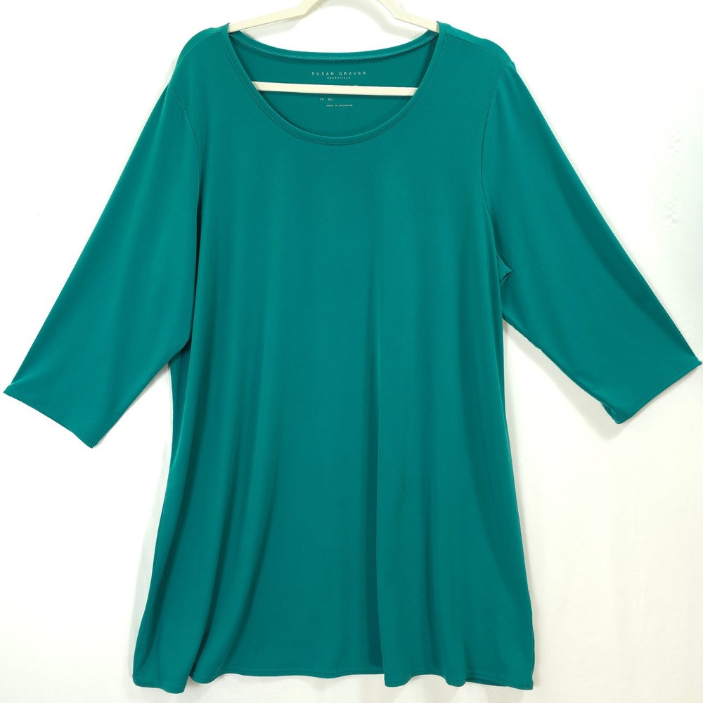 Susan Graver Liquid Knit Tunic Women 1X 3/4 Sleeve Green Essentials Classic
